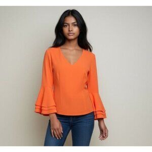 Bebe Y2K Orange Tiered Bell Sleeve Blouse XS V Neck 2000s EUC Party Fall